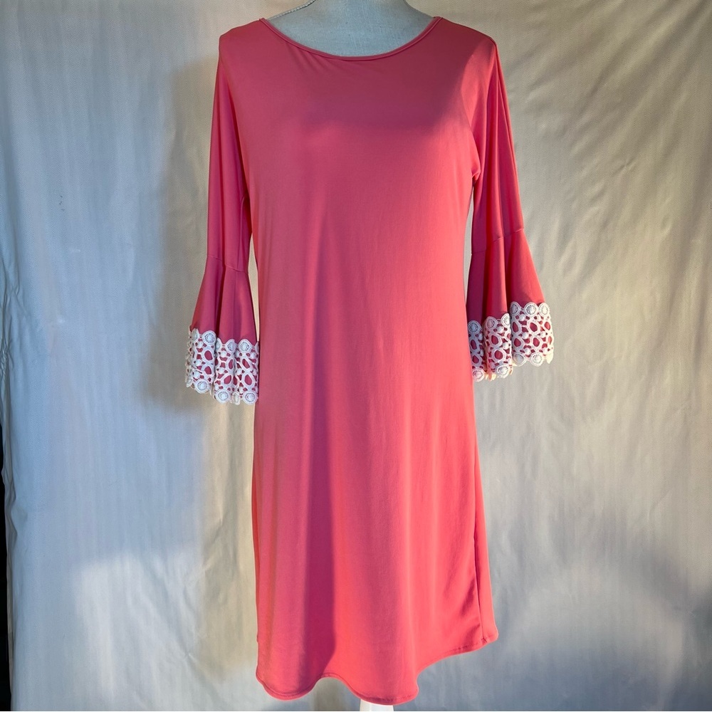 Judith March Dress Coral Jersey Bell Sleeves With Appliqué Trim On Cuffs L 👍